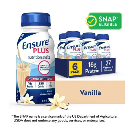Ensure Plus Meal Replacement Nutrition Shake, Vanilla, 16g Protein, 8 fl oz - 6 Pack