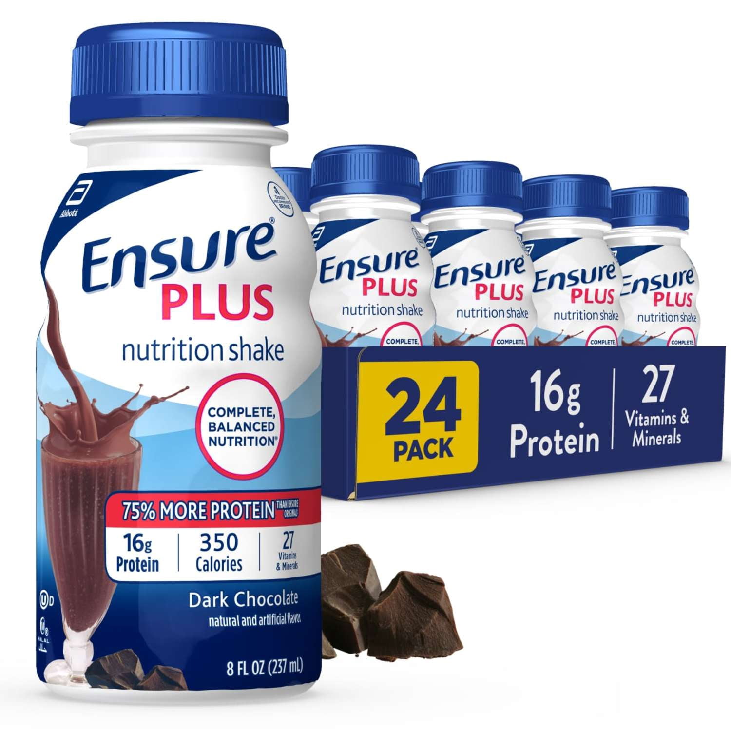 Ensure Plus Meal Replacement Nutrition Shake, Dark Chocolate, 16g Protein, 8 fl oz - 24 Pack