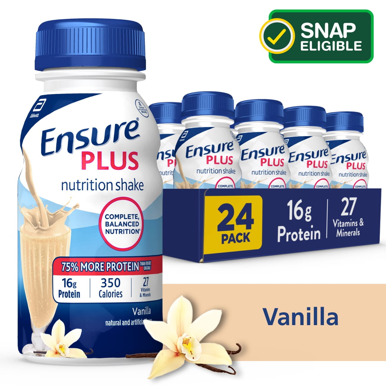 Ensure Plus Vanilla Nutrition Shake, 24 Count Multipack, 16g Protein