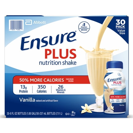 Ensure Plus Nutrition Shake with 13 grams of high-quality protein, Meal Replacement Shakes, Vanilla, 8 fl oz, 30 count