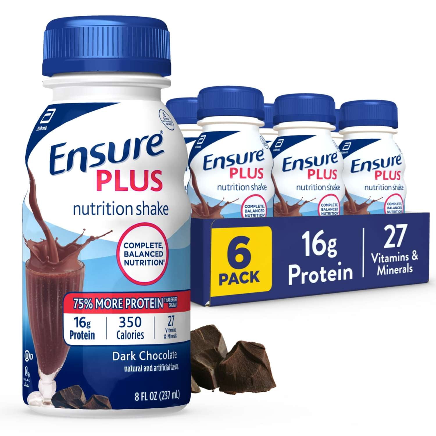 Ensure Plus Meal Replacement Nutrition Shake, Dark Chocolate, 16g Protein, 8 fl oz - 6 Pack