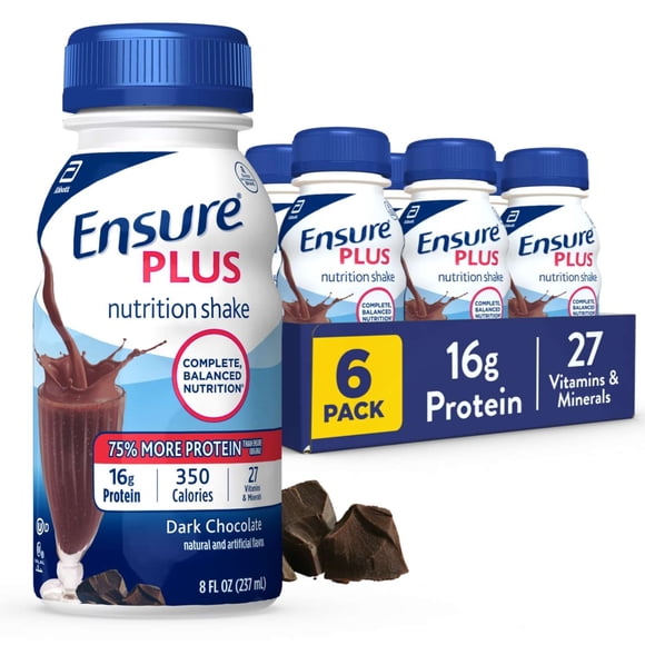 Ensure Plus Meal Replacement Nutrition Shake, Dark Chocolate, 16g Protein, 8 fl oz - 6 Pack