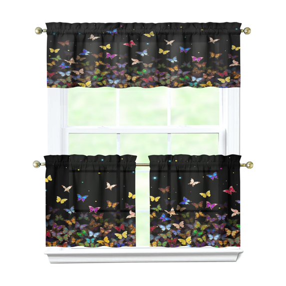Ent Butterfly 3-Piece Kitchen Curtains Set Kitchen Curtains Sets with Valance for Windows Rod Pocket Machine Washable Kitchen Decor Decorations (54"x18"+2x27.5"x24")