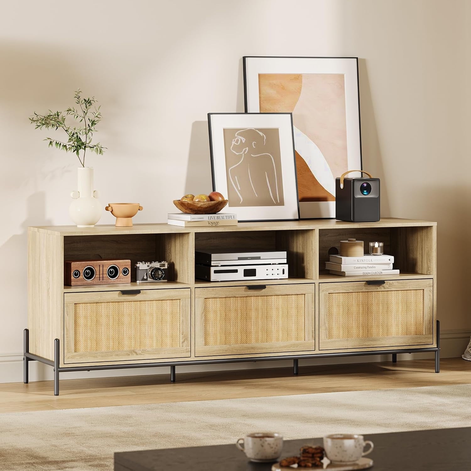 Natural Oak and Rattan TV Stand with Open Shelves and Drawers
