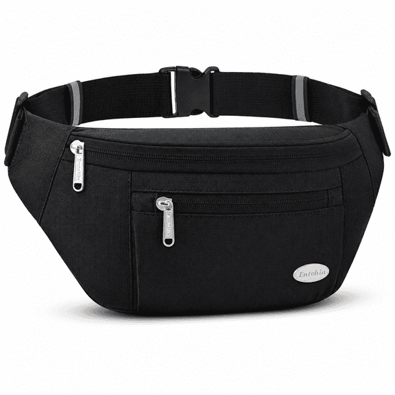 Entchin Women's Fanny Pack Crossbody Belt Bag Classic Black with 4 Zipper Pockets Adjustable Strap Lightweight Water Resistant