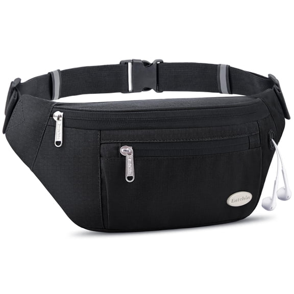 Entchin Women's Fanny Pack Crossbody Belt Bag Classic Black with 4 Zipper Pockets Adjustable Strap Lightweight Water Resistant