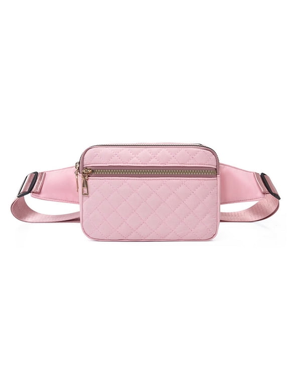 Mini Fanny Packs for Women Girl, Quilted Waistpack Water Resistant Pink Fabric Crossbody Bag, Adult Teen