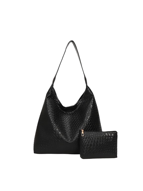 Woven Hobo Bag for Women, Vegan Leather Handle Handbag with Matching Clutch Pouch, Lightweight Slouchy Shoulder Purse for Work, Travel, Shoppingg,Black