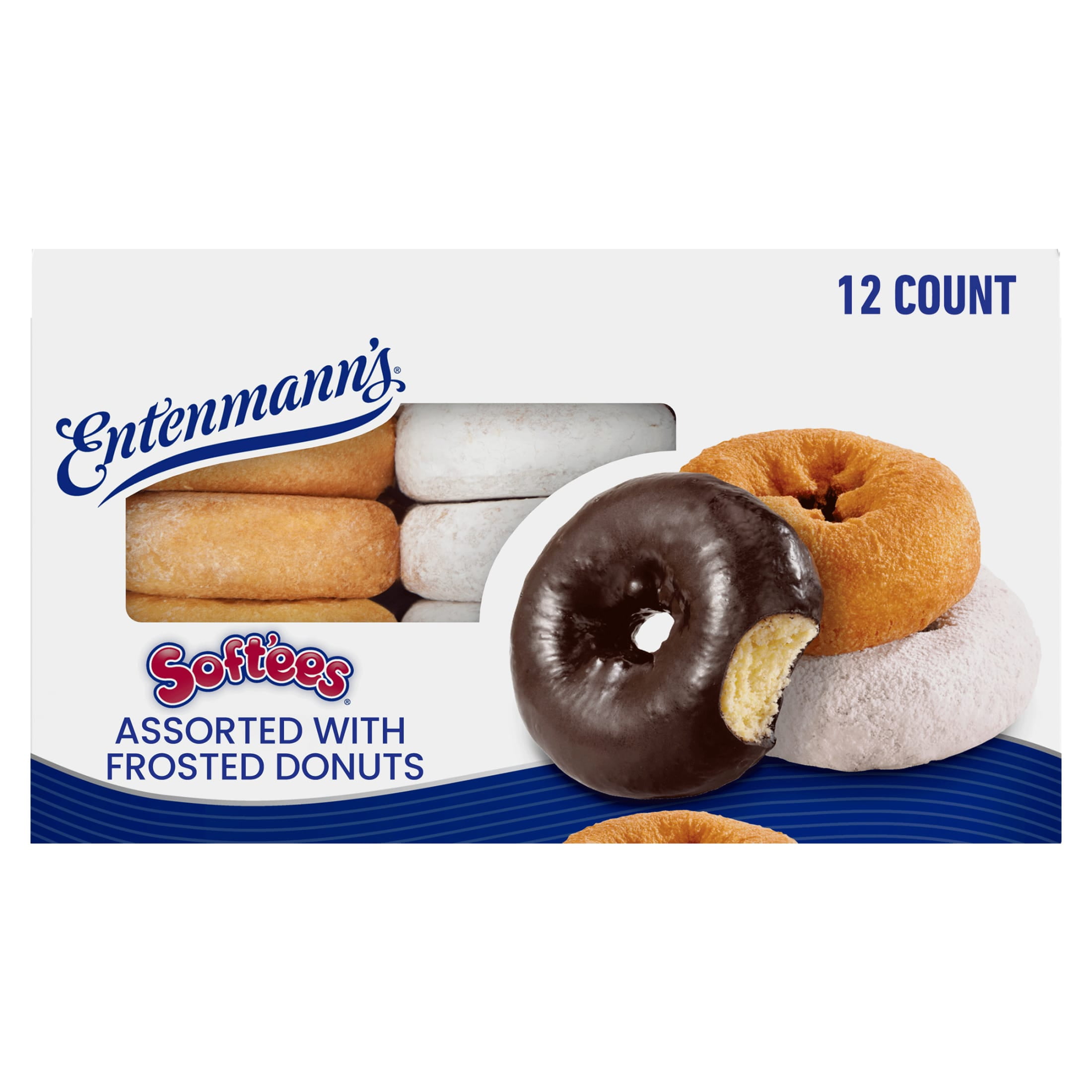 Entenmann's Soft'ees Plain, Powdered Sugar, Chocolate Frosted Donuts, 12 count, Assorted Donuts, 20.5 oz Box
