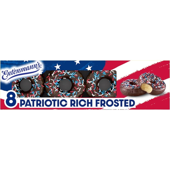 Entenmann's Classic Patriotic Donuts, 8 count, Kosher Rich Frosted Chocolate Sprinkles Donuts, 16 oz Box