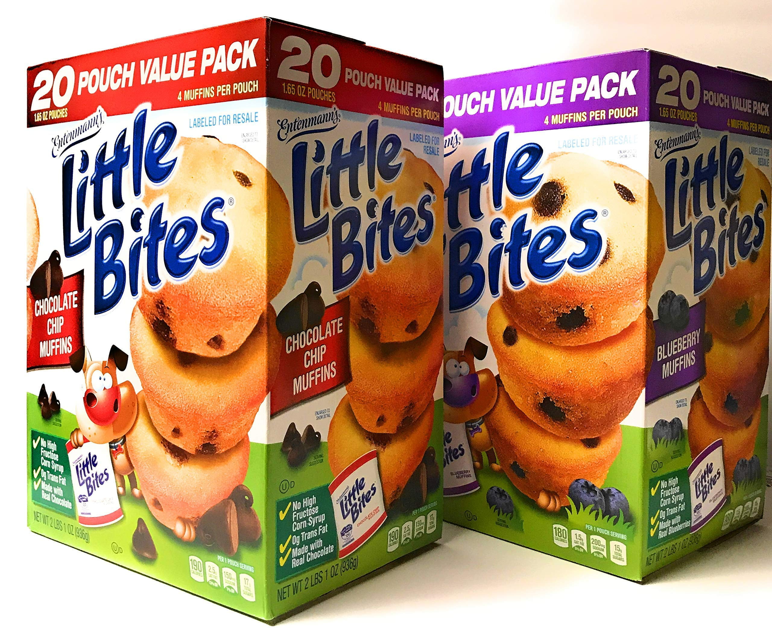Entenmann's | Little Bites | Chocolate Chip Muffins - 20 Pouches - Blueberry Muffins-20 Pouches |each box 2 LBS 1 OZ- 936g | Delicious | Yummy | Tasty | Bundle Pack - Pack of 2 Large Boxes |
