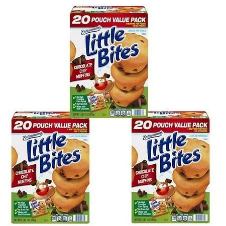 Entenmann's Little Bites Chocolate Chip Muffins, No High Fructose Corn Syrup, 0g Trans-Fat - Always Baked Moist and Delicious - By Gourmet Kitchn - 3 Boxes (1.65oz / 20pk Each Box)