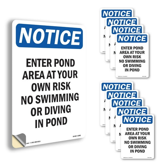 Enter Pond Area At Your Own Risk OSHA Notice Vinyl Decal Label 14 Inch x 10 Inch - 10 Pack