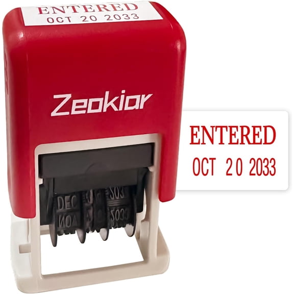 Entered Stamps with Date Self Inking Rubber Office Stamp | 13 Years of Dates, Entered Business Stamp for Accounting, Bookkeeping, Work, Ordering, Inventory Red Ink(0.78'' x 0.35'')
