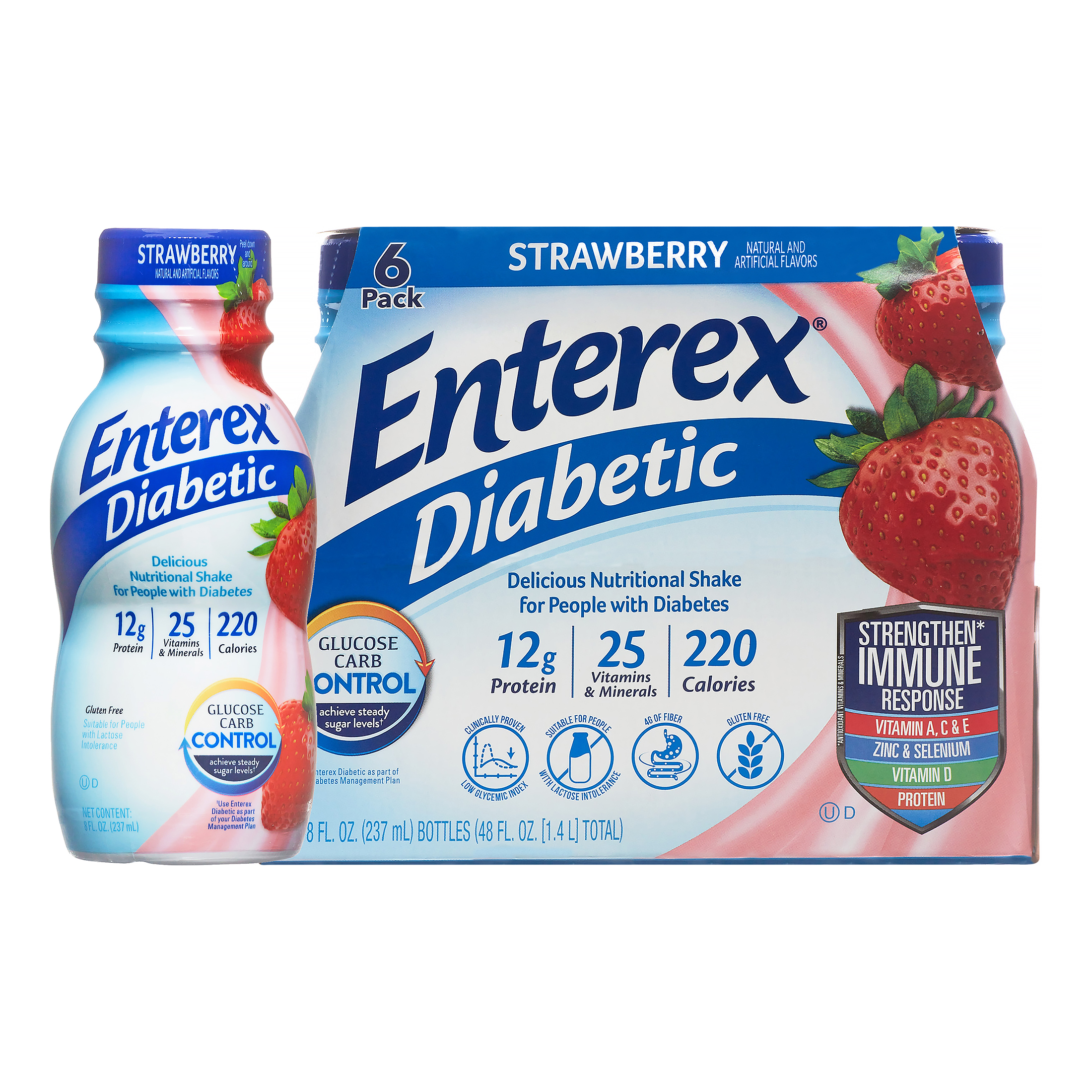 Enterex Diabetic Nutritional Meal Replacement Shake,For People with Diabetes,Strawberry , 8 fl oz, 6 Pack - image 1 of 9
