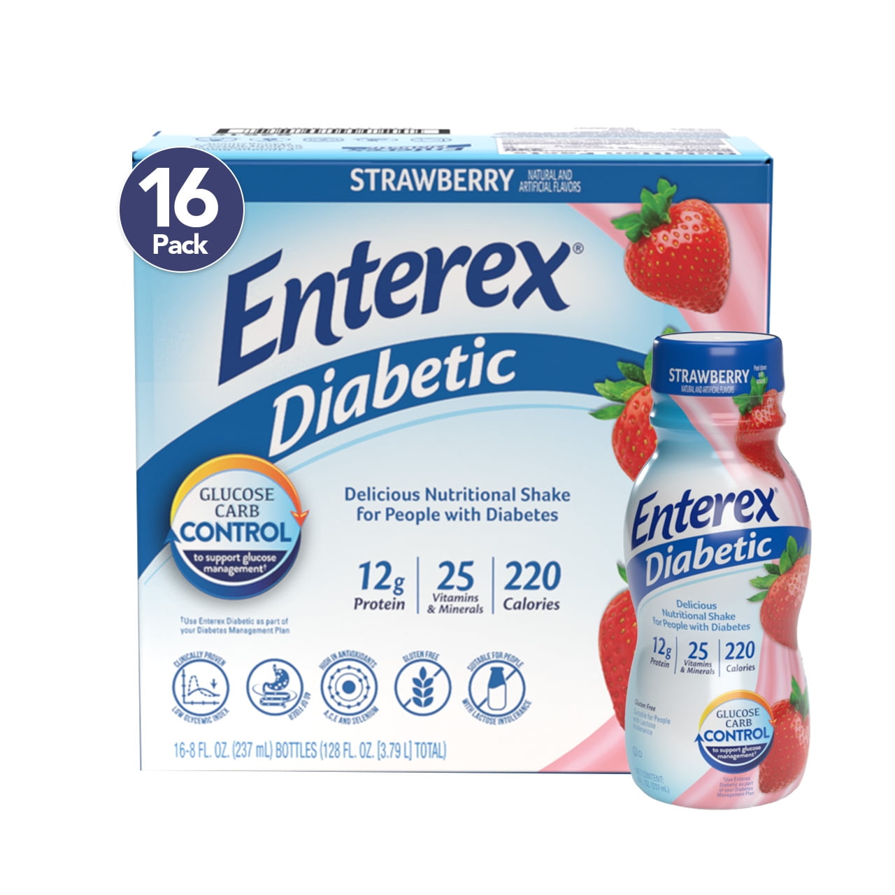 Enterex Diabetic Nutritional Meal Replacement Shake,for People with Diabetes,Strawberry,8 fl oz,16 Pack