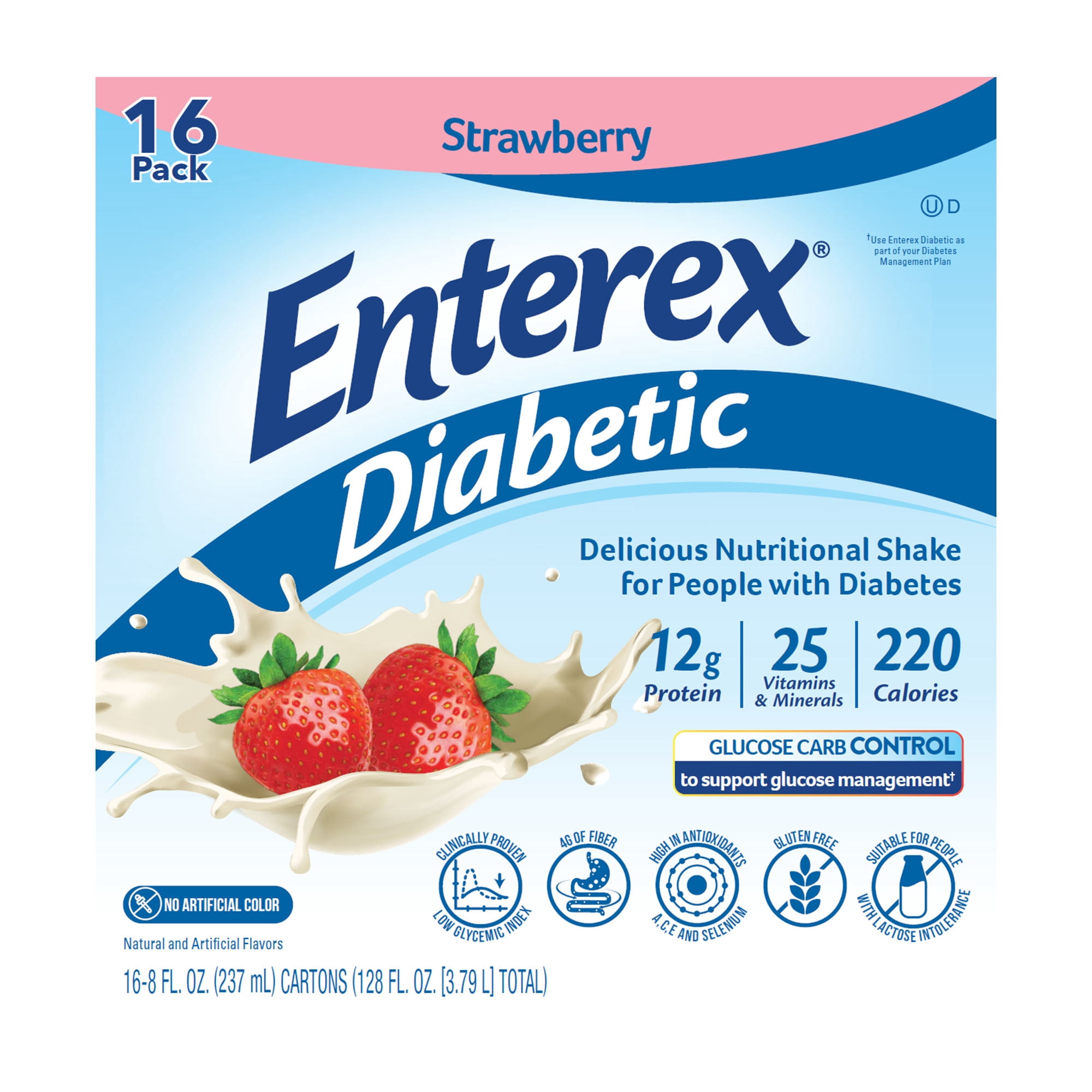 Enterex Diabetic Nutritional Meal Replacement Shake,for People with Diabetes,Strawberry, 8 Fl oz Carton, 16 Pack