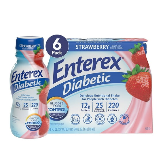 Enterex Diabetic Nutritional Meal Replacement Shake,for People with Diabetes,Strawberry , 8 fl oz, 6 Pack