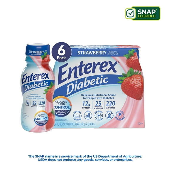 Enterex Diabetic Nutritional Meal Replacement Shake,for People with Diabetes,Strawberry , 8 fl oz, 6 Pack