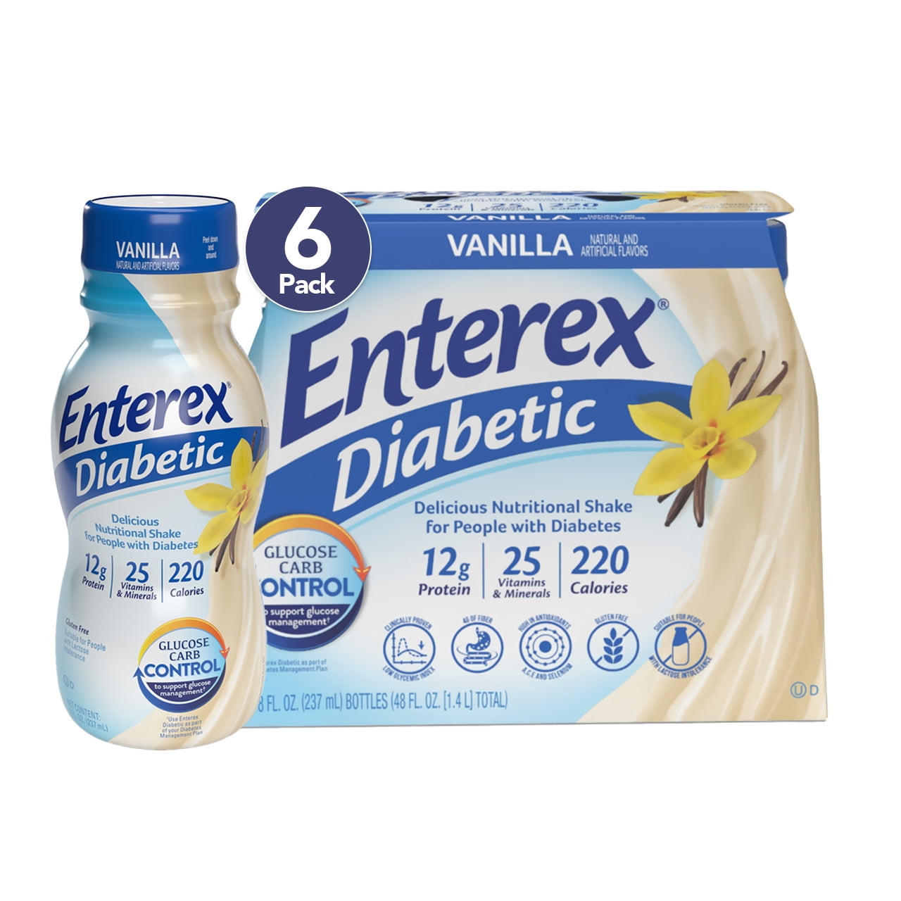Enterex Diabetic Nutritional Meal Replacement Shake,for People with Diabetes, Vanilla,8 fl oz,6 Pack