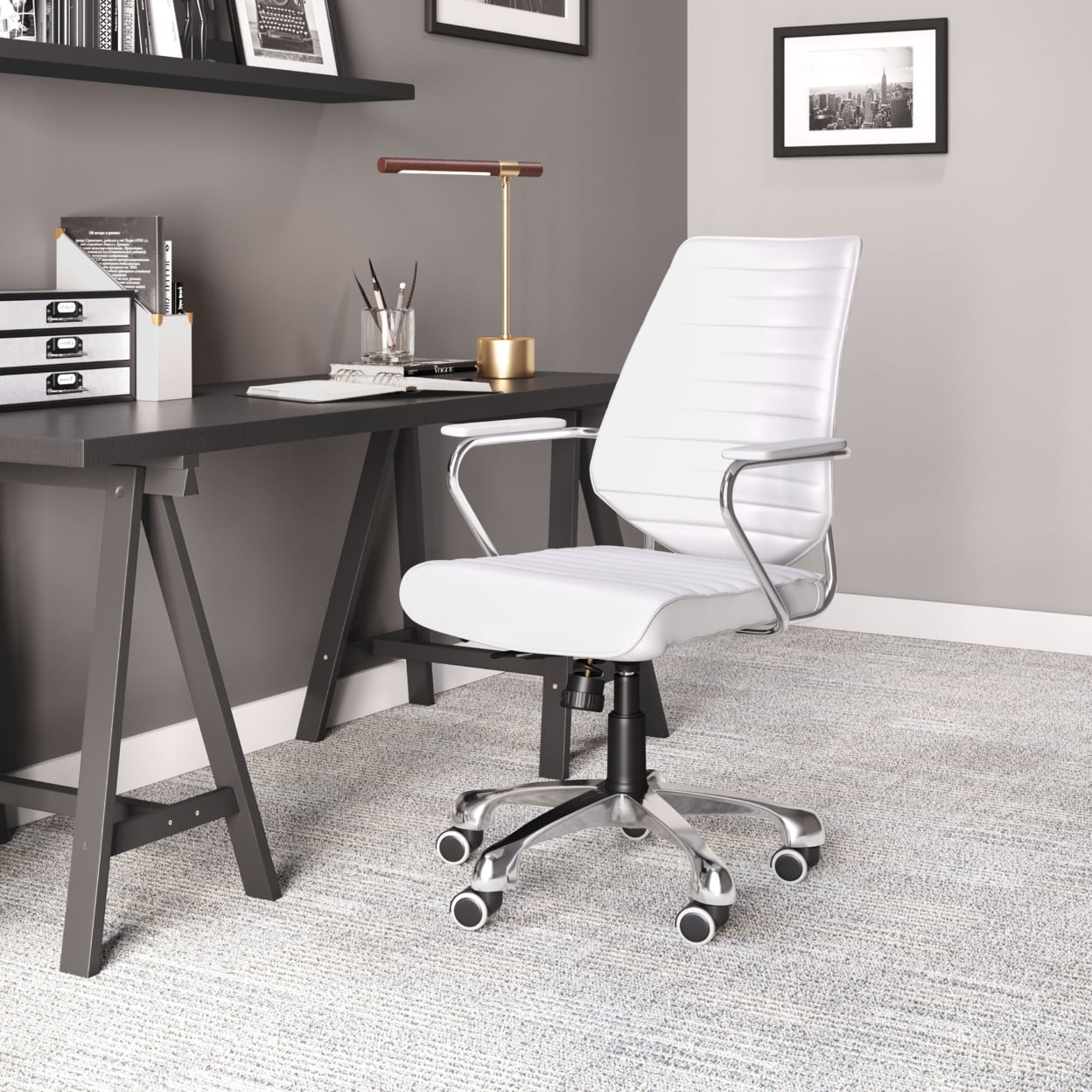White Leatherette Swivel Executive Office Chair with Chrome Frame