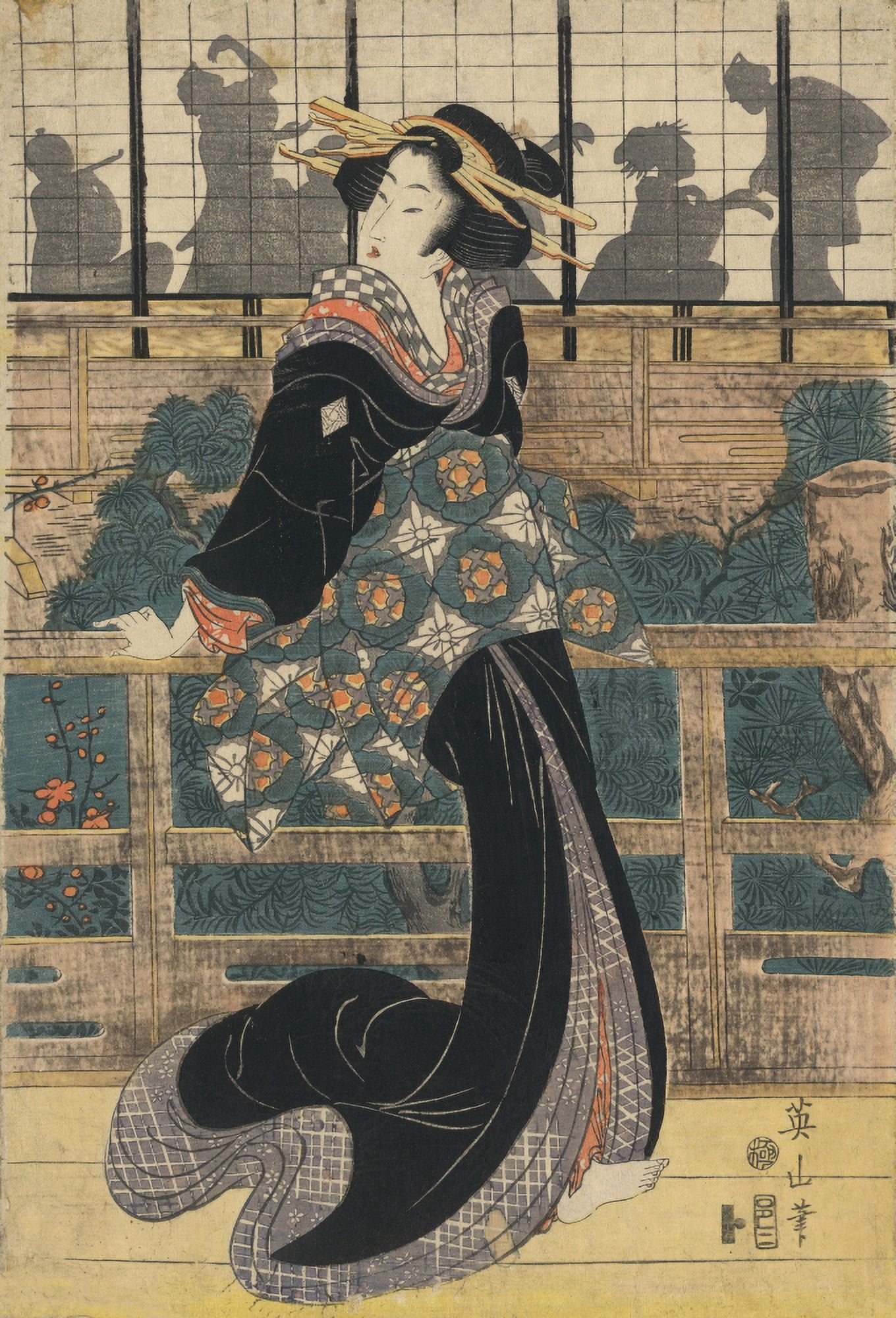 Entertainer standing on a veranda c1809-1813 Canvas Art - Eizan Kikukawa (24 x 36)