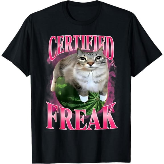 Entertaining Cat - Themed Art Tee,Tops Showcases "CERTIFIED FREAK" Text with Cat on Watermelon Illustration, Round Neck Regular Fit T - shirts, Size(S - 5XL)