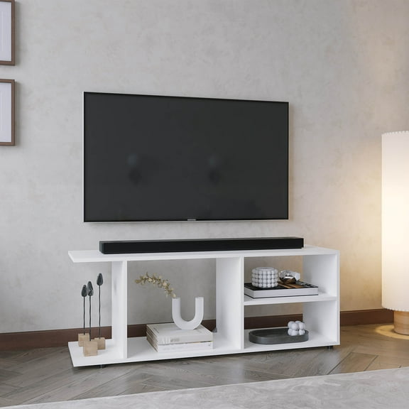 TV Stand Entertainment Center 17.8" H, with 4 Shelves and 4 Legs, White,Entertainment Center