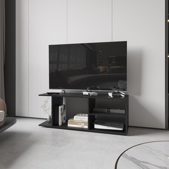 Black Entertainment Center For Living Room. Spacious Shelves Decorative Objects. Ample Storage. Compact & Functional. Suits 70 - 79" Tv Screens. Made From Engineered Wood Room Center, Black. Media