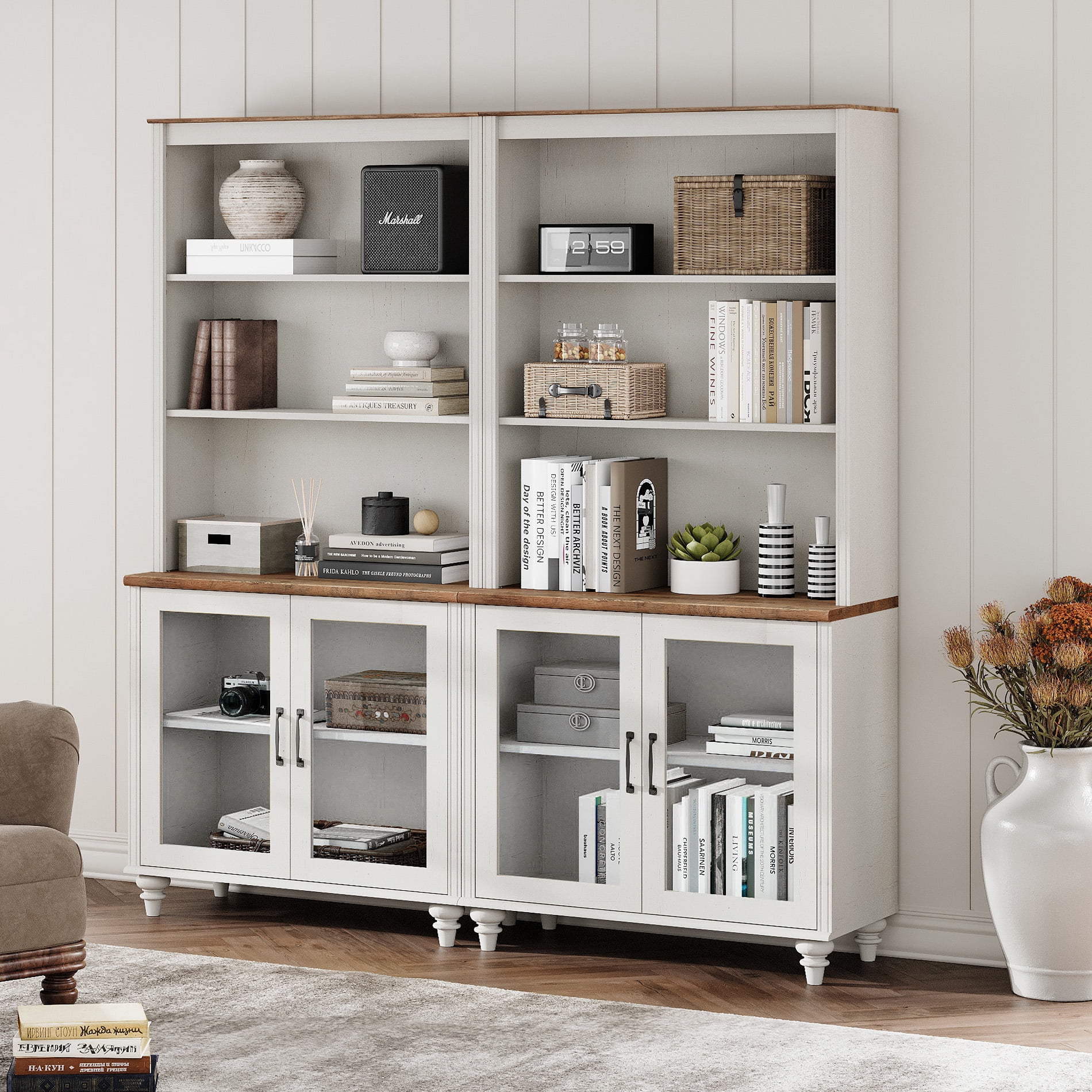 Entertainment Center with Bookshelves with Glass Doors & Drawer, Farmhouse Wall Unit TV Stand for TVs up to 75", Media Console Table for Living Room, Bedroom & Home Theater, White