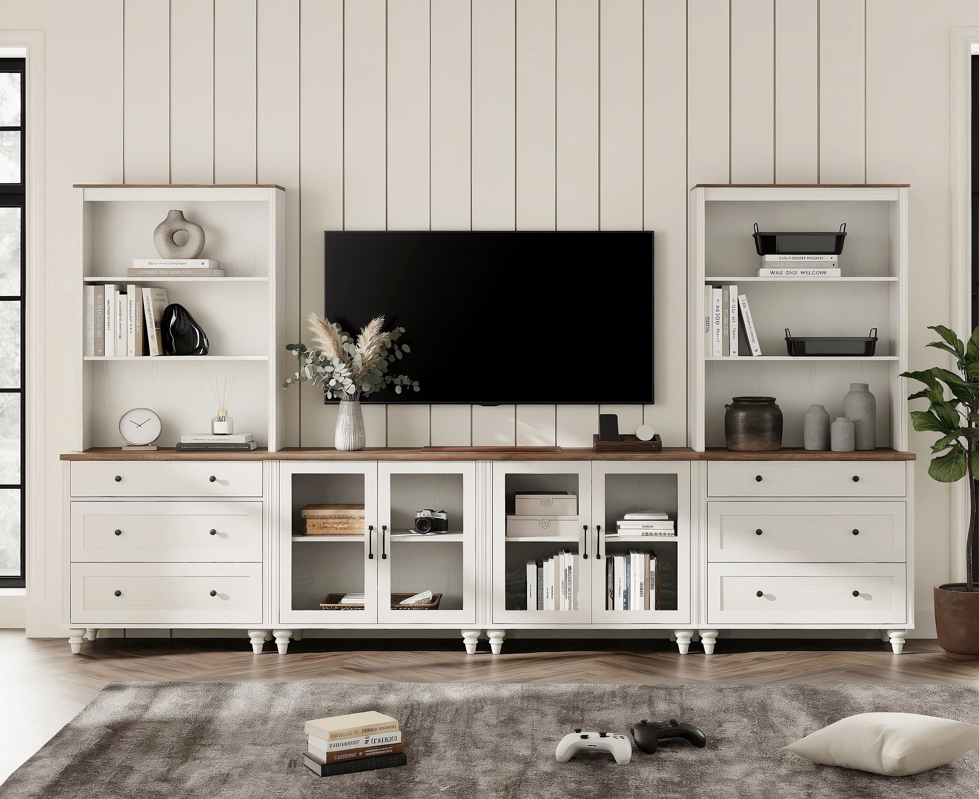 Entertainment Center with Bookshelves with Glass Doors & Drawer, Farmhouse Wall Unit TV Stand for TVs up to 75", Media Console Table for Living Room, Bedroom & Home Theater, White