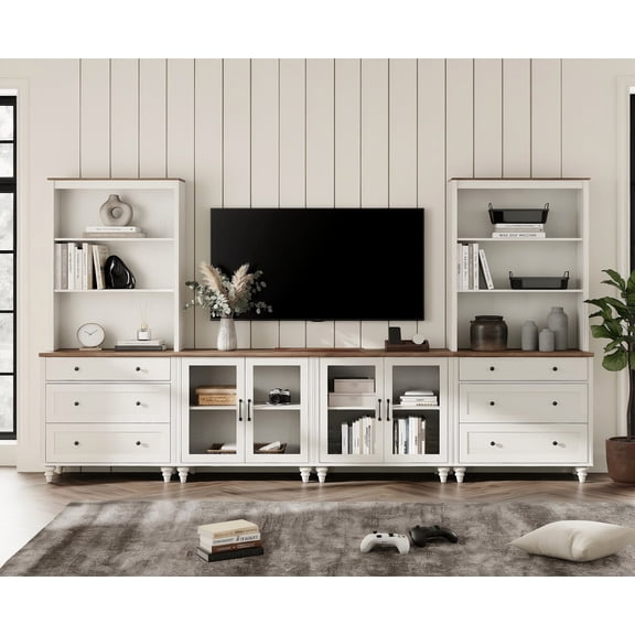 Entertainment Center with Bookshelves with Glass Doors & Drawer, Farmhouse Wall Unit TV Stand for TVs up to 75", Media Console Table for Living Room, Bedroom & Home Theater, White