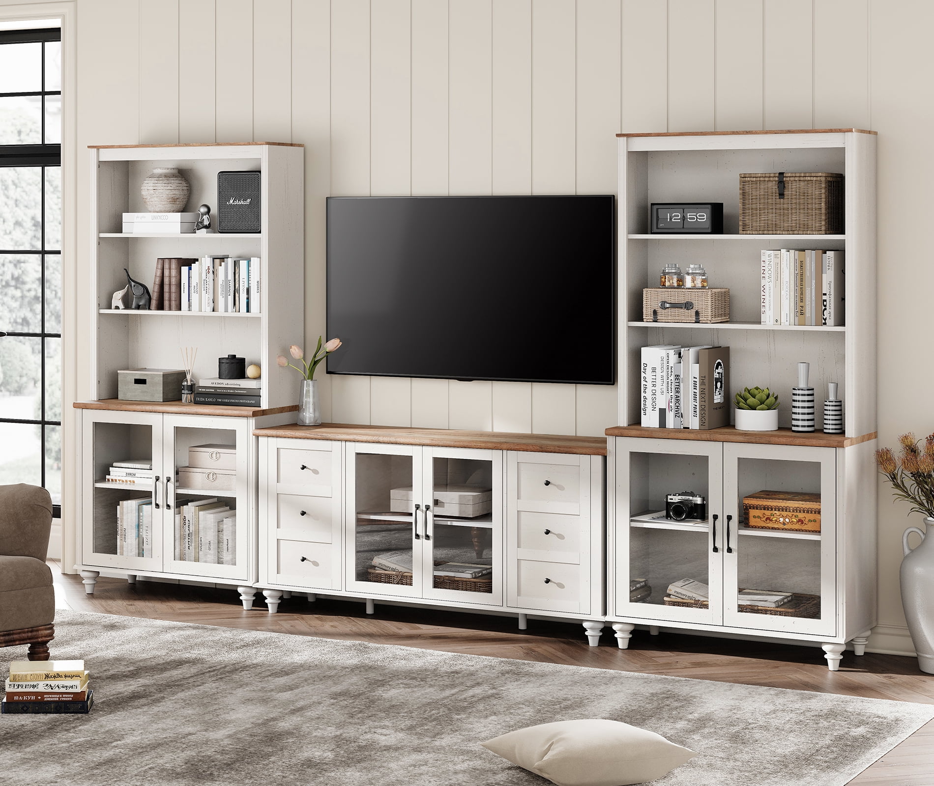 Entertainment Center with Bookshelves for TVs up to 65", Farmhouse Wall Unit TV Stand with Glass Doors, Media Console Table for Living Room, Bedroom & Home Theater, White