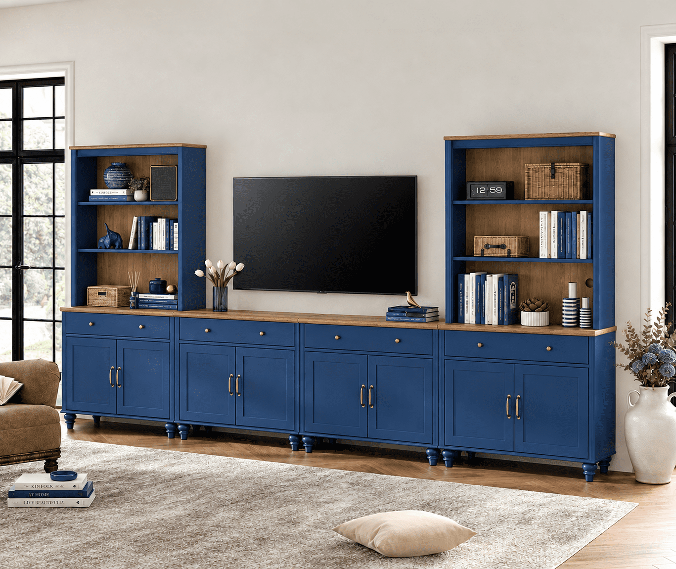 Entertainment Center with Bookshelves for TVs up to 75", Farmhouse Wall Unit TV Stand with 8 Doors & 4 Drawer, Media Console Table for Living Room, Bedroom & Home Theater, Navy Blue