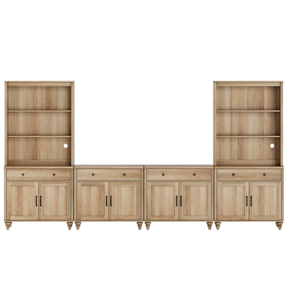 Entertainment Center with Bookshelves for TVs up to 75", Farmhouse Wall Unit TV Stand with 8 Doors & 4 Drawer, Media Console Table for Living Room, Bedroom & Home Theater, Oak