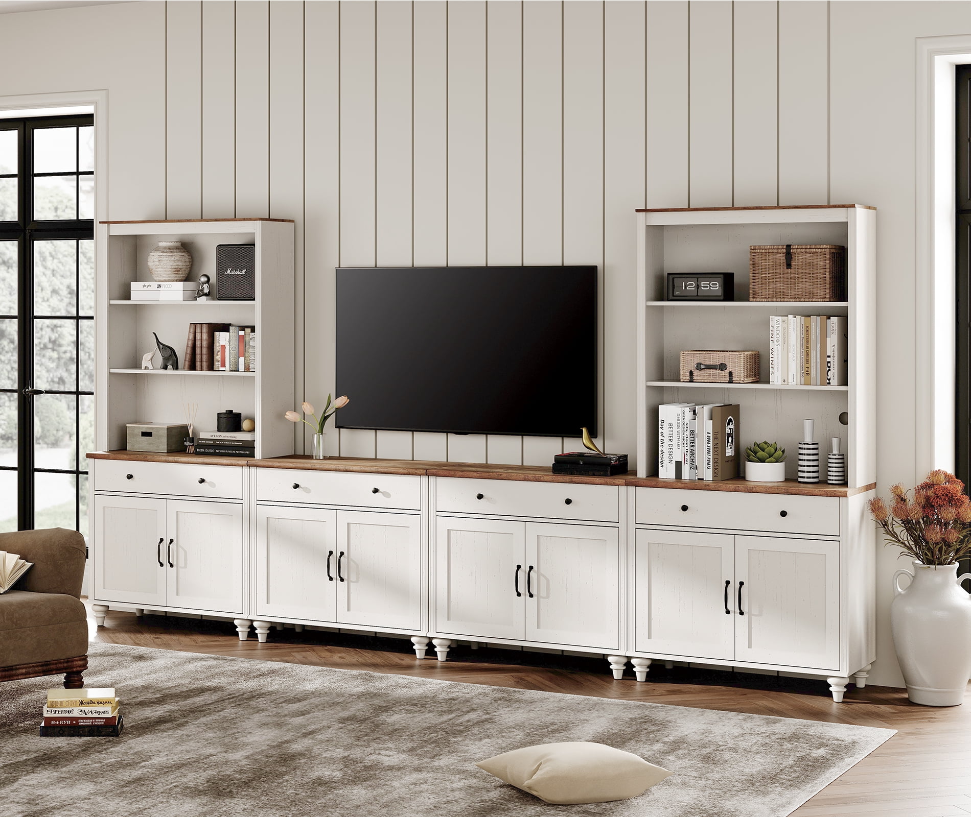 Entertainment Center with Bookshelves for TVs up to 75", Farmhouse Wall Unit TV Stand with 8 Doors & 4 Drawer, Media Console Table for Living Room, Bedroom & Home Theater, Off White