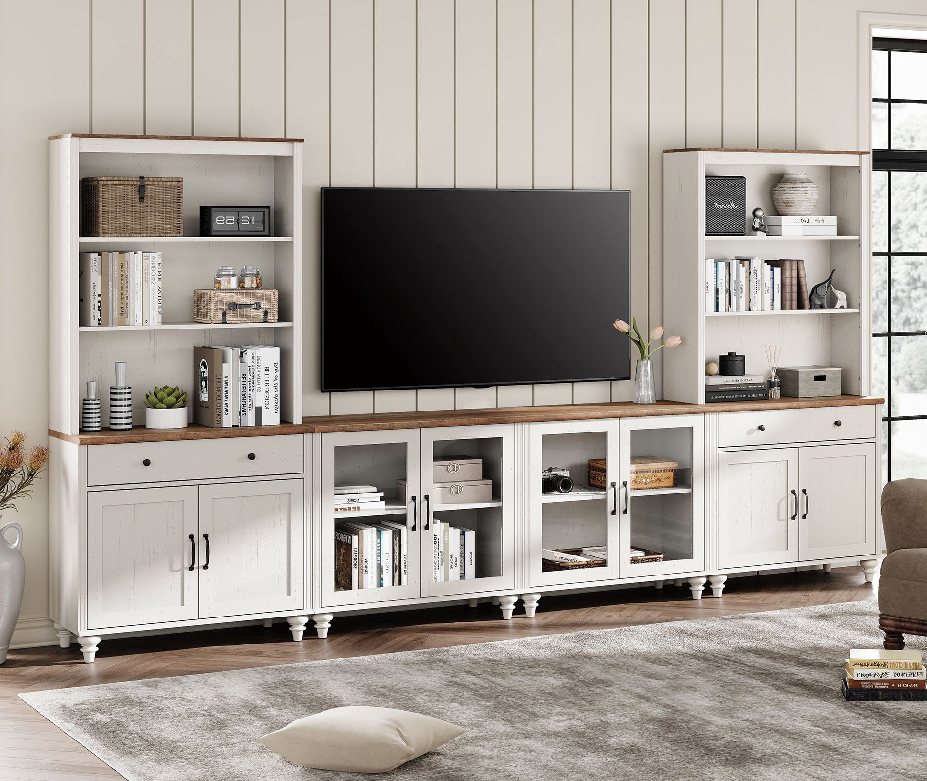 Entertainment Center with Bookshelves for TVs up to 75", Farmhouse Wall Unit TV Stand with Glass Doors & Drawer, Media Console TV Table for Living Room, Bedroom & Home Theater, White