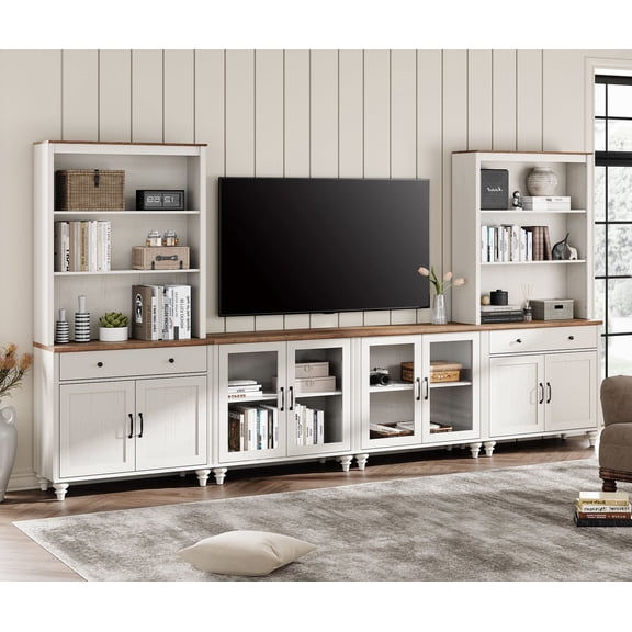 Entertainment Center with Bookshelves for TVs up to 75", Farmhouse Wall Unit TV Stand with Glass Doors & Drawer, Media Console TV Table for Living Room, Bedroom & Home Theater, White