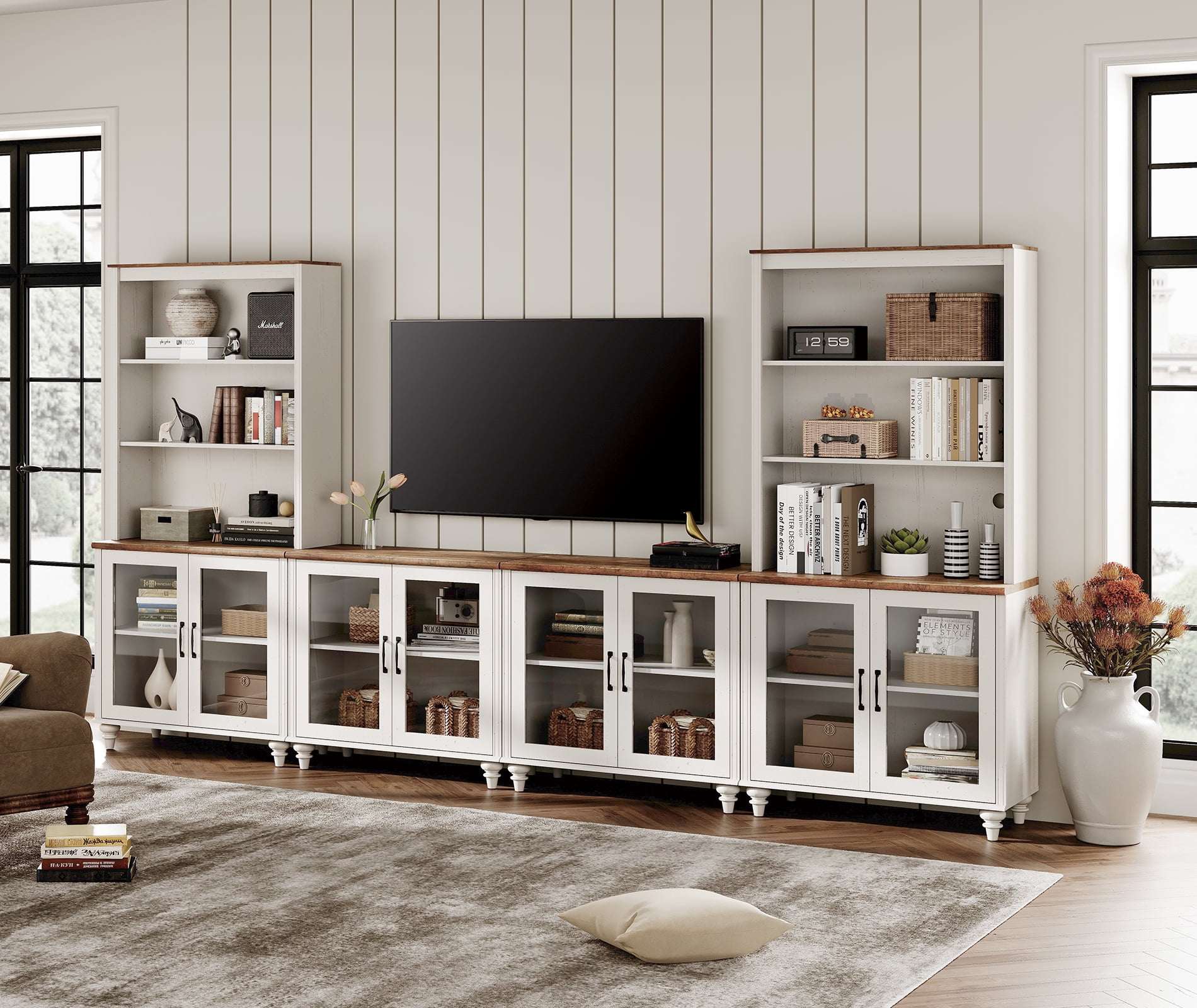 Entertainment Center with Bookshelves for TVs up to 75", Farmhouse Wall Unit TV Stand with Glass Doors, Media Console Table for Living Room, Bedroom & Home Theater, White