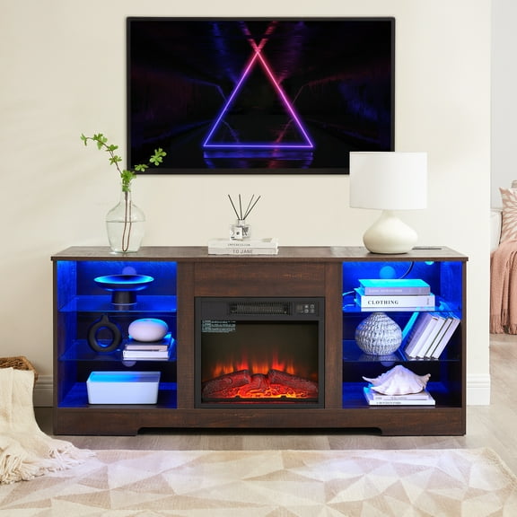 3-IN-1 LED TV Stand with Fireplace for 55, 60, 65 Inch TV, 58’’L Entertainment Center TV Cabinet for Home Room, 7-color Light, 3-level 3D Flame, Charging Station