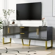 Entertainment Center with Storage for TVs up to 75 Inches, Modern TV Stand with Drawers and Cabinets, Wood TV Console Table with Golden Metal Legs for Living Room Bedroom, Black