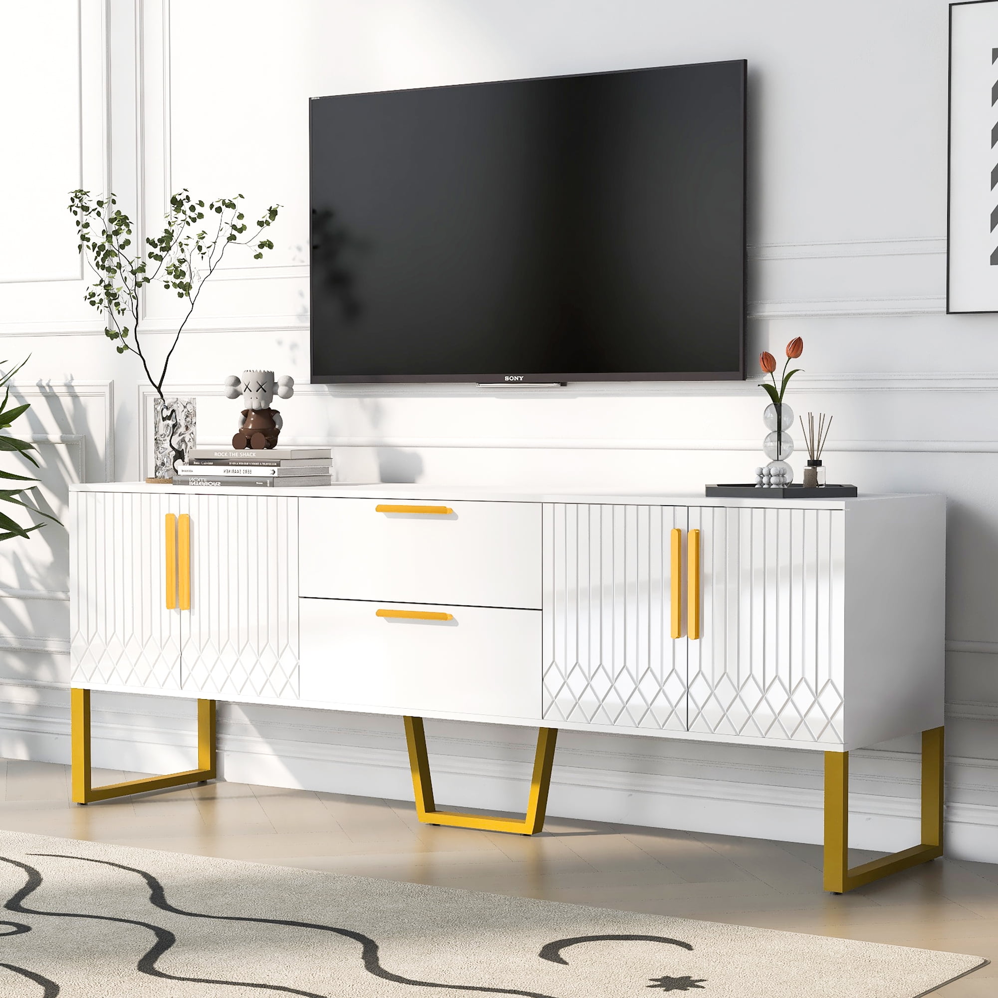 Modern Entertainment Center for TVs up to 75'', White Wood TV Stand with Storage Drawers