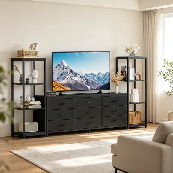 Entertainment Center TV Console Cabinet Equipped with 9 Fabric Drawers 4 Storage Tiers Suitable for 75 Inch Televisions Living Room Storage Unit