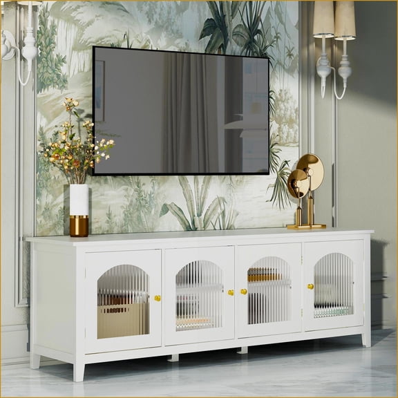 Entertainment Center TV Stand | 71-Inch Antique White | Solid Pine Frame | Changhong Glass Doors | MDF | TV Size Ranges 70-79 inches