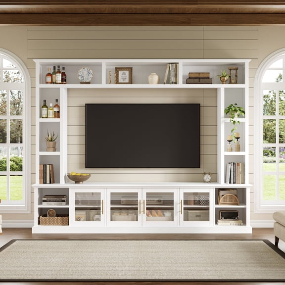 Entertainment Center Wall Unit for TVs up to 80", All-in-One Modern Entertainment Center with Bookshelves & Tempered Glass Doors, TV Console Unit with Shelving for Living Room, White