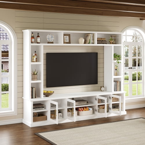 Entertainment Center Wall Unit for TVs up to 80", All-in-One Modern Entertainment Center with Bookshelves & Tempered Glass Doors, TV Console Unit with Shelving for Living Room, ...
