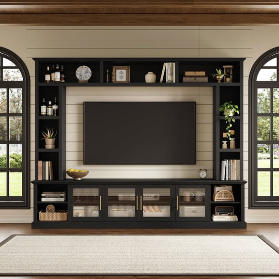 Entertainment Center Wall Unit for TVs up to 80", All-in-One Modern TV Stand with Bookshelves & Tempered Glass Doors, TV Console Unit with Shelving for Living Room, Black