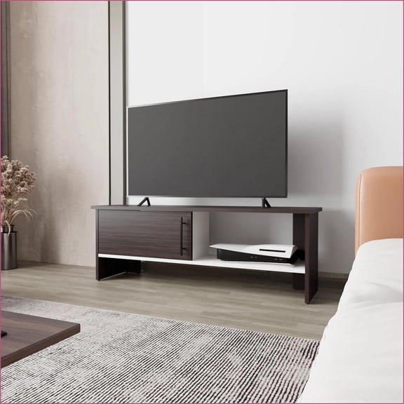 Entertainment Center Walnut & White Modern Classic with Open Storage & Door | Walnut | TV Size Ranges 50-59 inches