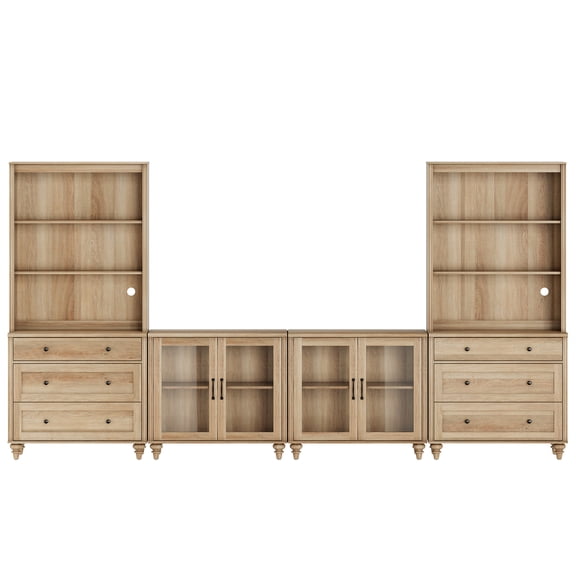 Entertainment Center With Bookshelves With Glass Doors & Drawer, Farmhouse Wall Unit TV Stand For Tvs, Bedroom & Home Theater