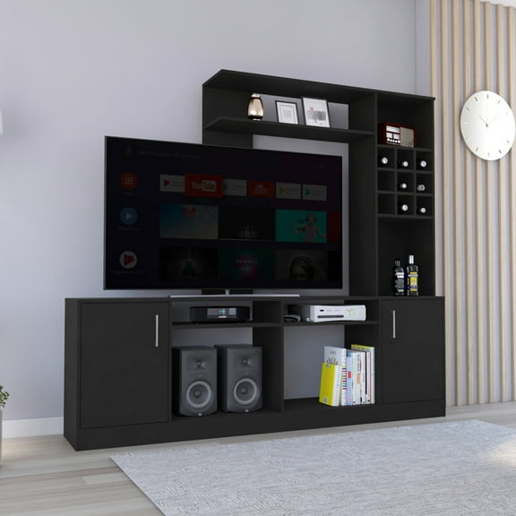 Entertainment Center With Double Door Cabinet, Storage For 60 - 69" Tvs Black Cabinet Tv